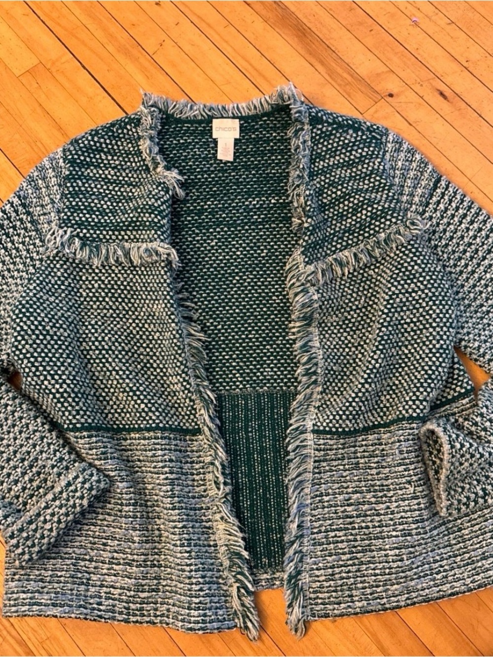 Chico's Green Fringe Open-Front Knit Sweater